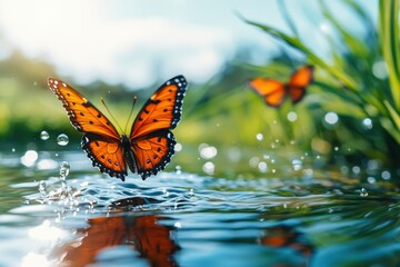 Obraz premium Monarch Butterfly Landing on a Pond with Water Droplets