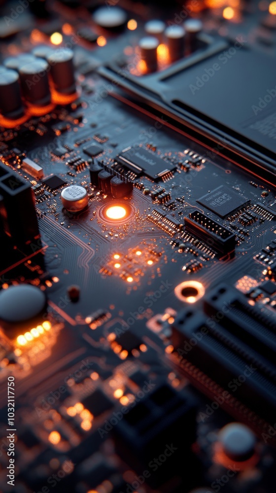 Wall mural Detailed view of a printed circuit board illuminated by orange lights, showcasing the intricate design and components of modern electronics