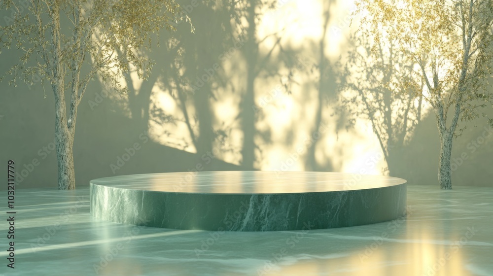 Leinwandbilder a circular platform sits quietly in a tranquil environment illuminated by soft, golden light. surrou
