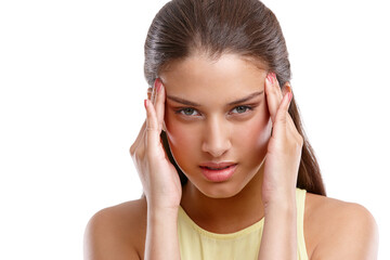 Naklejka premium Studio, businesswoman and portrait with headache for burnout, fatigue and stress for startup deadline. Mockup, female person and designer with temple massage for migraine, pain and white background