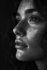 A close-up shot of a woman's face with visible freckles