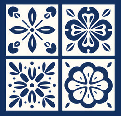 Vintage Floor Blue floral Tile geometric design with ornamental element. Traditional Portuguese azulejo motifs.