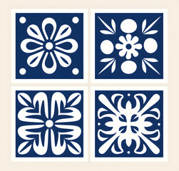 Vintage Floor Blue floral Tile geometric design with ornamental element. Traditional Portuguese azulejo motifs.