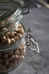 Close-Up of a Kitchen Jar Filled with Raw Chickpeas