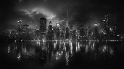 A city skyline with tall buildings and water reflection.
