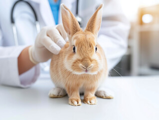 Obraz premium A rabbit being examined by a vet in a vet clinic