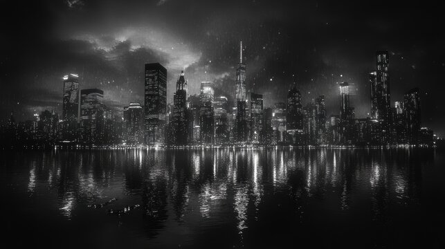 A city skyline with tall buildings and water reflection.