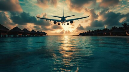 Airplane Landing at Sunset Over Tropical Island Coastline with Clear Blue Waters and Palm Trees – Perfect for Travel, Adventure, and Vacation-Themed Design and Backgrounds