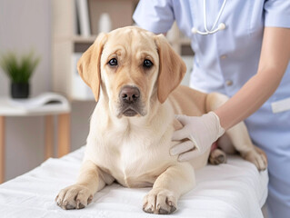 A vet giving a dog a massage on a table in vet clinic