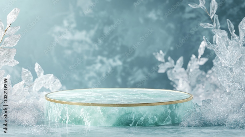 Leinwandbilder a beautifully crafted display stand sits amidst elegant ice formations. the serene setting features 
