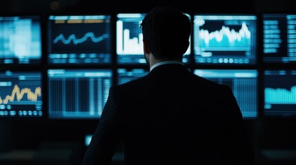 Fototapeta premium Businessman Analyzing Financial Data on Multiple Screens