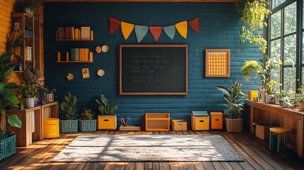 Vectorstyle graphic celebrating Teacher's Day including a chalkboard inspirational quotes about teaching and a cozy classroom setting filled with learning tools and decorations