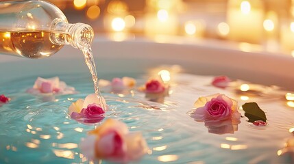 Organic Rose Water Poured into Luxury Spa Bath