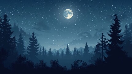 Naklejka premium Night sky, full moon, and silhouetted trees.