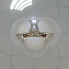 abstractly twisted into spherical 360 panorama interior of modern office with hall staircase and panoramic windows