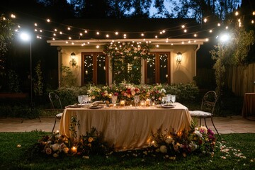 A warm and inviting dinner table setting with candles and fresh flowers