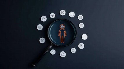 Fototapeta premium A magnifying glass highlights a figure in the center, surrounded by various circular icons, suggesting analysis or research themes.