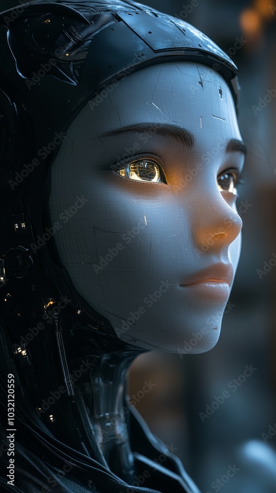 Wall mural Close-up of a young woman android with glowing eyes, showcasing the rapid advancements in artificial intelligence and robotics