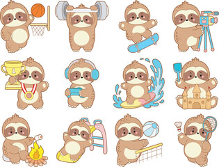 Cute sloth vector icon. Funny baby sloth animal series stock illustration. Slow life of fluffy sloth designs.
