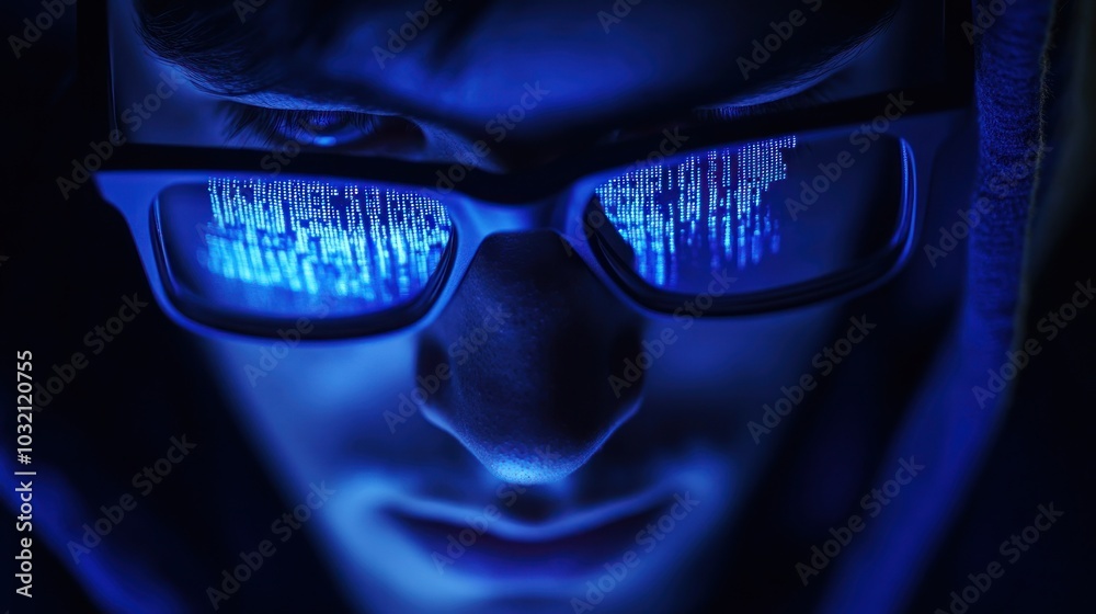 Poster hacker looking at code on screen