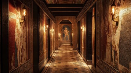 Obraz premium Hallway with mosaics of mythological gods lit by torches flickering across detailed artwork