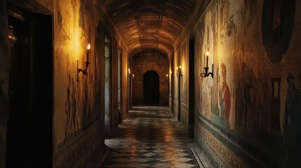 Roman villa hallway with intricate god mosaics torchlight illuminating ancient artwork