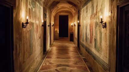 Fototapeta premium Hallway lined with mosaics of gods torchlight creating flickering shadows on the tiles