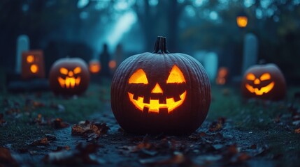 A Glowing Jack-o'-Lantern in a Foggy Forest Setting