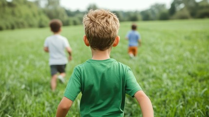 Fototapeta premium Children running up a grassy hill near a playground getting ready to race back down enjoying an outdoor fun and friendship activity in a natural lush green landscape