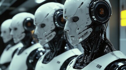 Fototapeta premium A group of robots standing side by side, ready to function