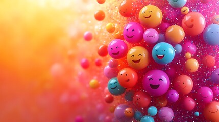 Vibrant 3D banner filled with smiling emojis celebrating World Emoji Day on a bright background Space for text on the left side ideal for promoting mental health awareness and positive vibes