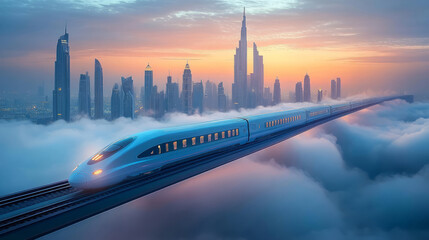 A high-speed train running in a sea of clouds and the city skyline background