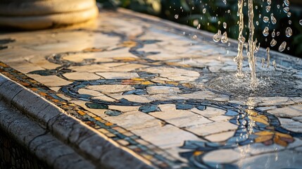 Naklejka premium Mosaic border of courtyard fountain with delicate floral pattern worn smooth by foot traffic