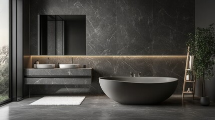 Luxurious bathroom with large freestanding tub and sink, perfect for spa-inspired settings or promotional materials