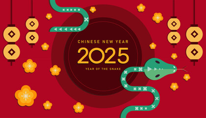 happy new year 2025, Chinese new year, year of the snake, Chinese zodiac snake in geometric flat modern style