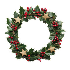 Festive Christmas wreath with holly leaves red berries and glittering gold stars isolated on a transparent background 