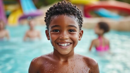 Excited and joyful African American boy with a big smile on his face at a water park pool enjoying the fun and excitement of a summer vacation with family