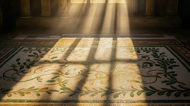 Mosaic border in villa atrium with vine and leaf motif in green and gold sunlight streaming through skylight highlights tiles