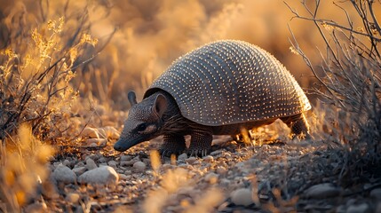 Obraz premium A solitary armadillo foraging in the arid scrublands its armor like skin dusty from the dry ground beneath its feet