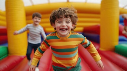 Group of energetic children laughing and jumping with glee on a large inflatable bounce house in an outdoor amusement park setting full of carefree childhood excitement and happiness