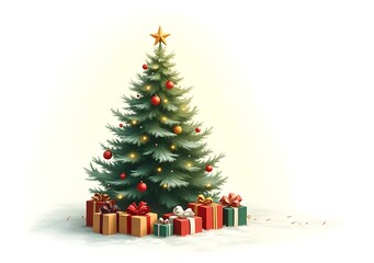 Christmas tree isolated on the white background, white snow, Christmas tree and Gift boxes.