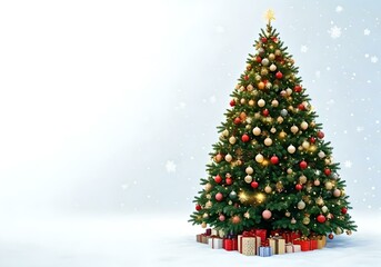 Christmas tree isolated on the white background, white snow, Christmas tree and Gift boxes.