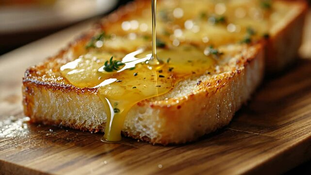 Garlic butter dripping off garlic bread in close-up