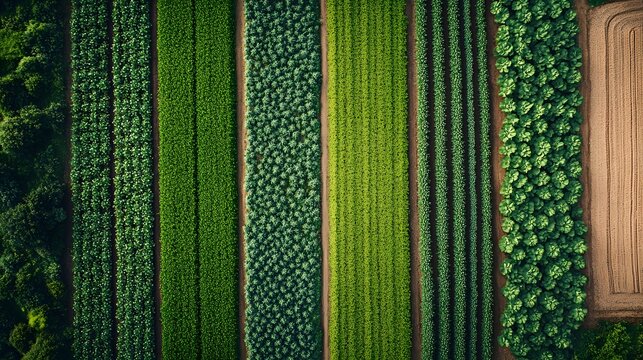 Aerial photography capturing agricultural fields with diverse crop rows in vibrant green hues, presenting geometric patterns and a top-down perspective of sustainable farming.