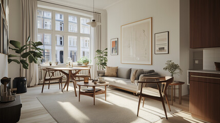 Fototapeta premium Scandinavian-inspired living room with a blank canvas above the sofa and simple furniture, perfect for overlaying designs