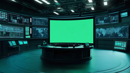 high tech control room with big huge green screen chroma key monitor, 3d render lighting multimedia technology indoor panorama design 
