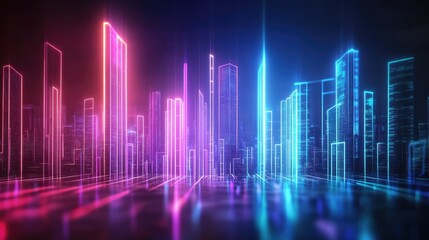 Fototapeta premium Neon Pixelated Cityscape with Glitch Effects