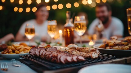 A group of friends gathered around a table enjoying a delicious barbecue dinner outdoors under the night sky with grilled meats cold drinks and a cozy festive atmosphere