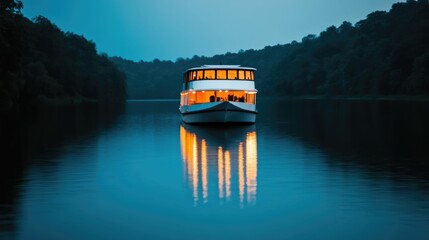 Naklejka premium Romantic dinner cruise boat gliding across a serene reflective lake at twilight with the vessel softly illuminated as it sails under the stars creating a captivating and peaceful atmosphere