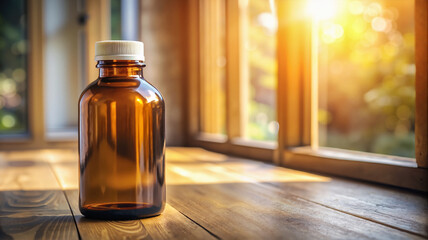  Brown Medicine Bottle on a Wooden Surface with Sunlight